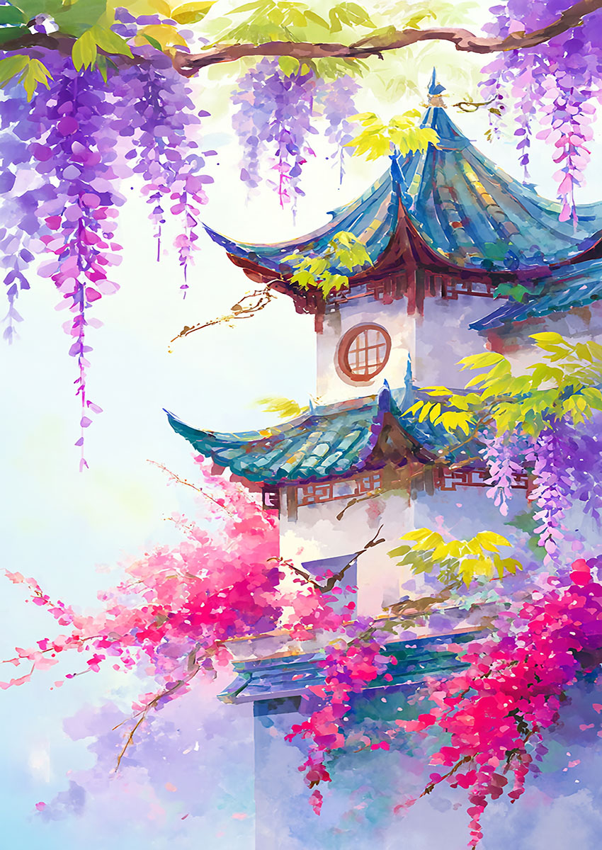 Vibrant artwork of wisteria blossoms hanging elegantly from a flowering tree over a serene architectural structure.